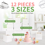 Moretoes 12 Pcs Cake Box, Tall Cake Boxes with Window in 3 Sizes 12x12x12 10x10x10 8x8x8 Inches, Bakery Boxes Disposable Carrier Take Out Container, 2 or 3 Tier for Valentine's Day Mother's Day
