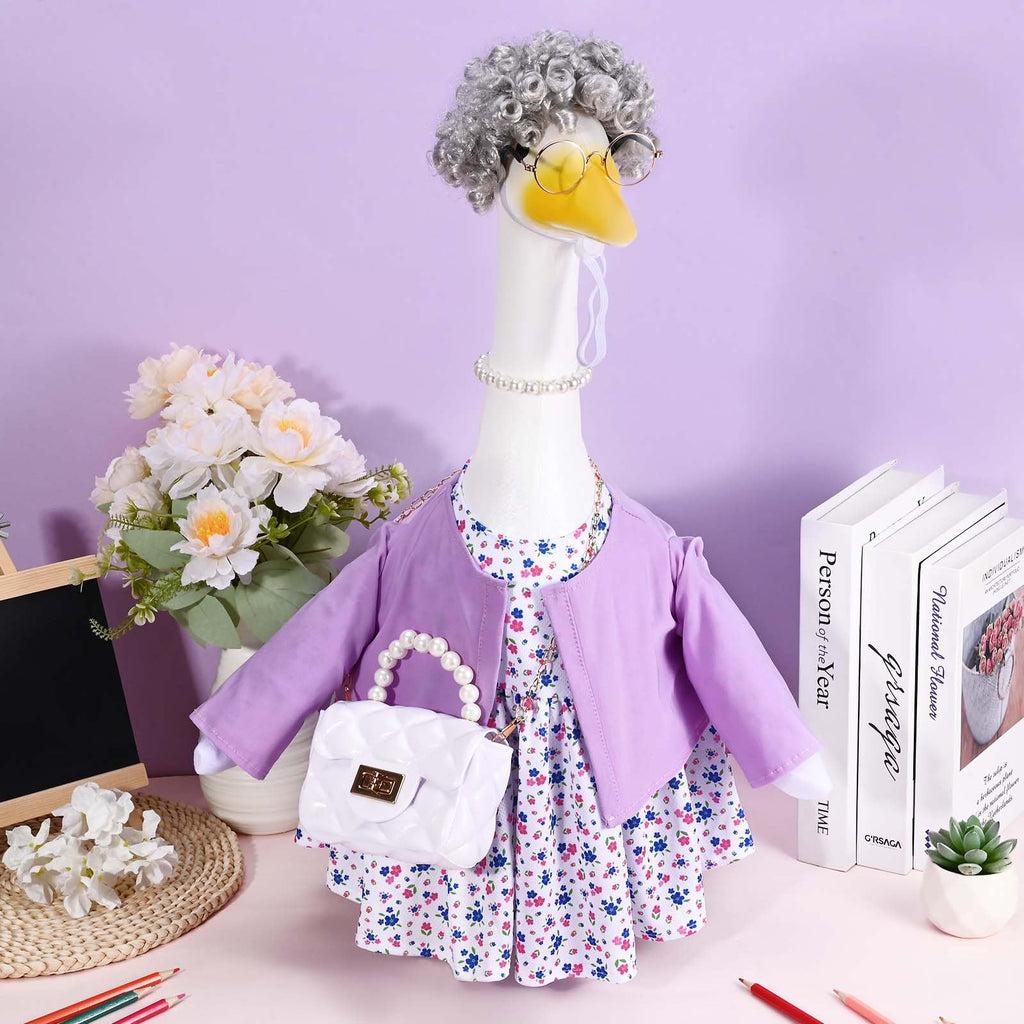 JcHrmers Old Lady Porch Goose Outfits Grandma Goose Clothes Old Lady Floral Goose Costume with Curly Wig Necklace Bag Fits 23" Geese Statue for School Lawn Patio Yard Garden Decor (Purple)