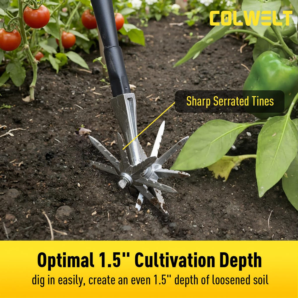 Colwelt Manual Rotary Cultivator, Single-Tine Aluminum Cultivators for Gardening, Garden Hand Tiller Manual with Ergo Wooden t-Handle, Hand Held Cultivator Tool For Flower Beds Cultivate, Aerate, Weed