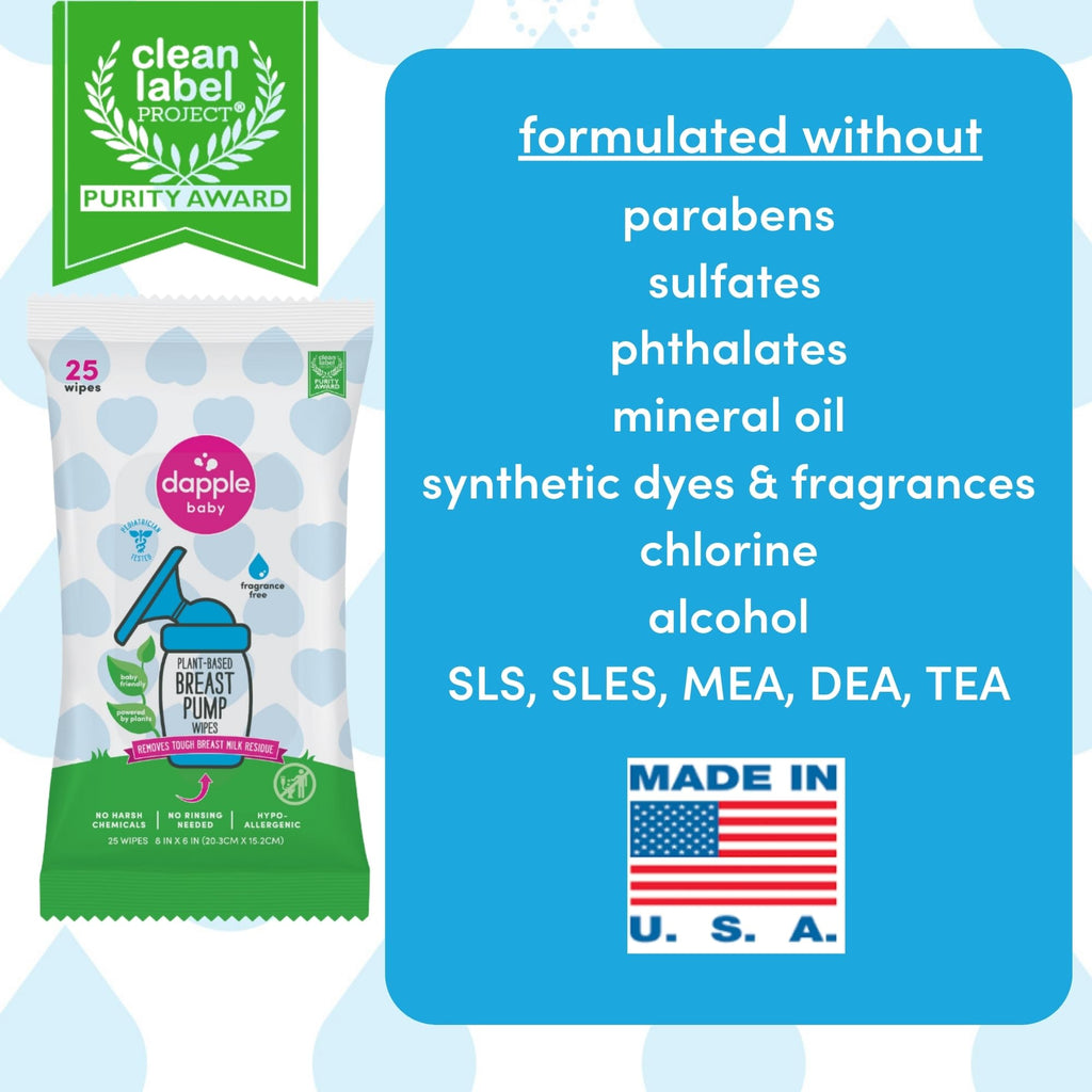 Dapple Baby Breast Pump Wipes - (3 Pack) 25 Count - Fragrance-Free, Plant-Powered & Hypoallergenic - Removes Milk Residue - Diaper Bag Essentials
