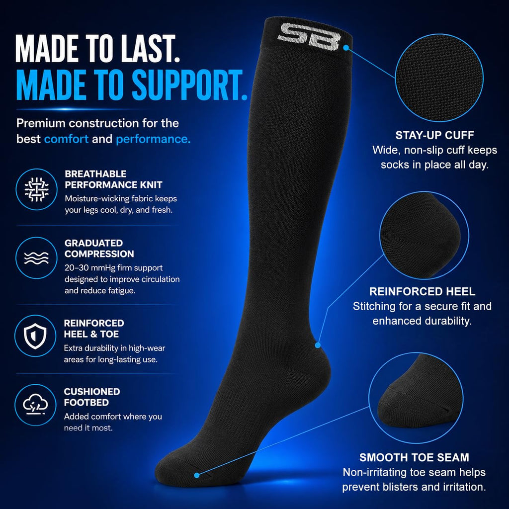 SB SOX Compression Socks for Men & Women (20-30mmHg) – Best Compression Socks for Flying, Medical, Sports, Wide Calf Fit, and Daily Wear (Solid Black, Large)