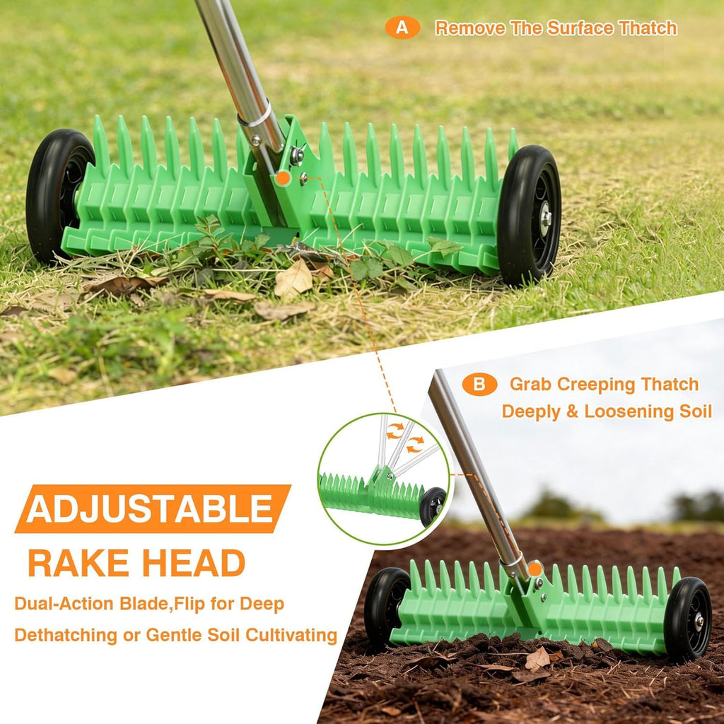 Thatch Rake for Lawn, 15-Inch Dethatcher Rake with Rolls Adjustable 0-15°