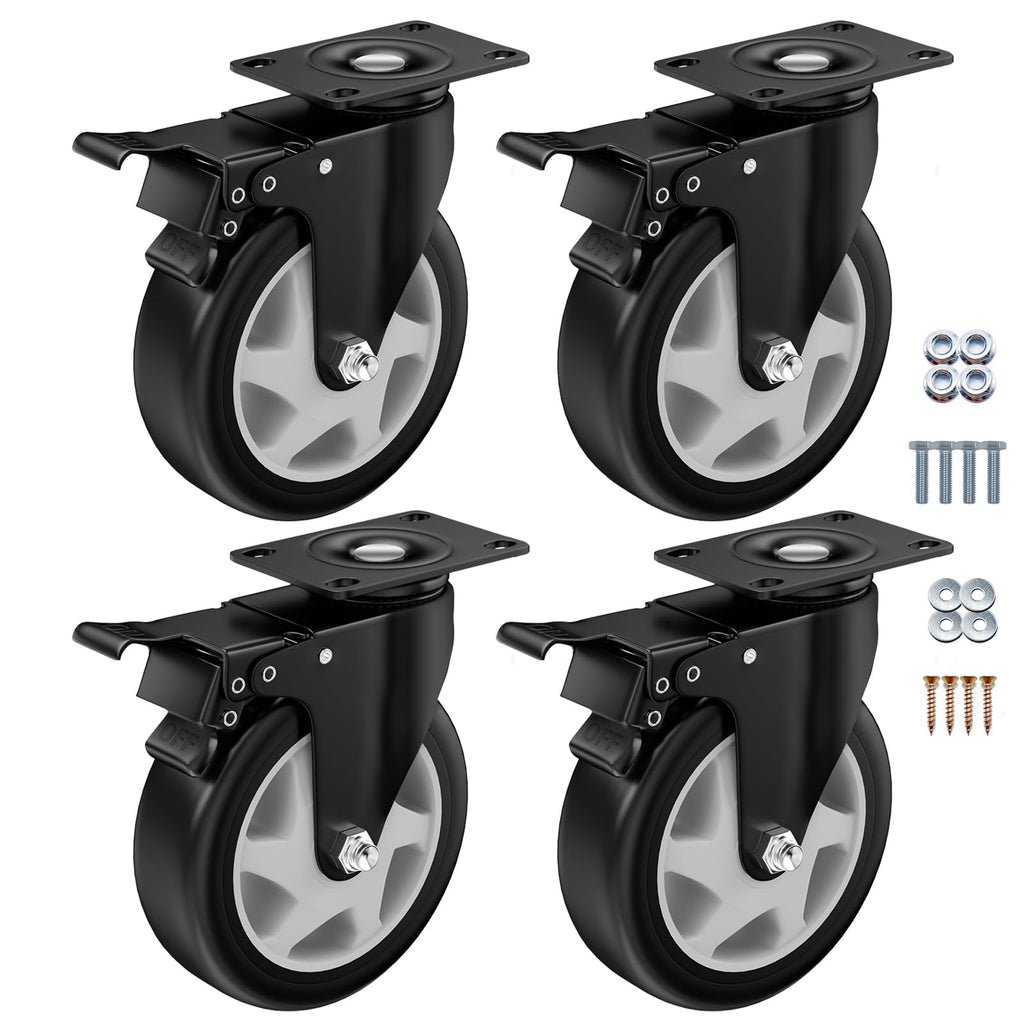 ASHGOOB 5" Heavy Duty Plate Casters, 1400 Lbs Dual Brake - Set of 4