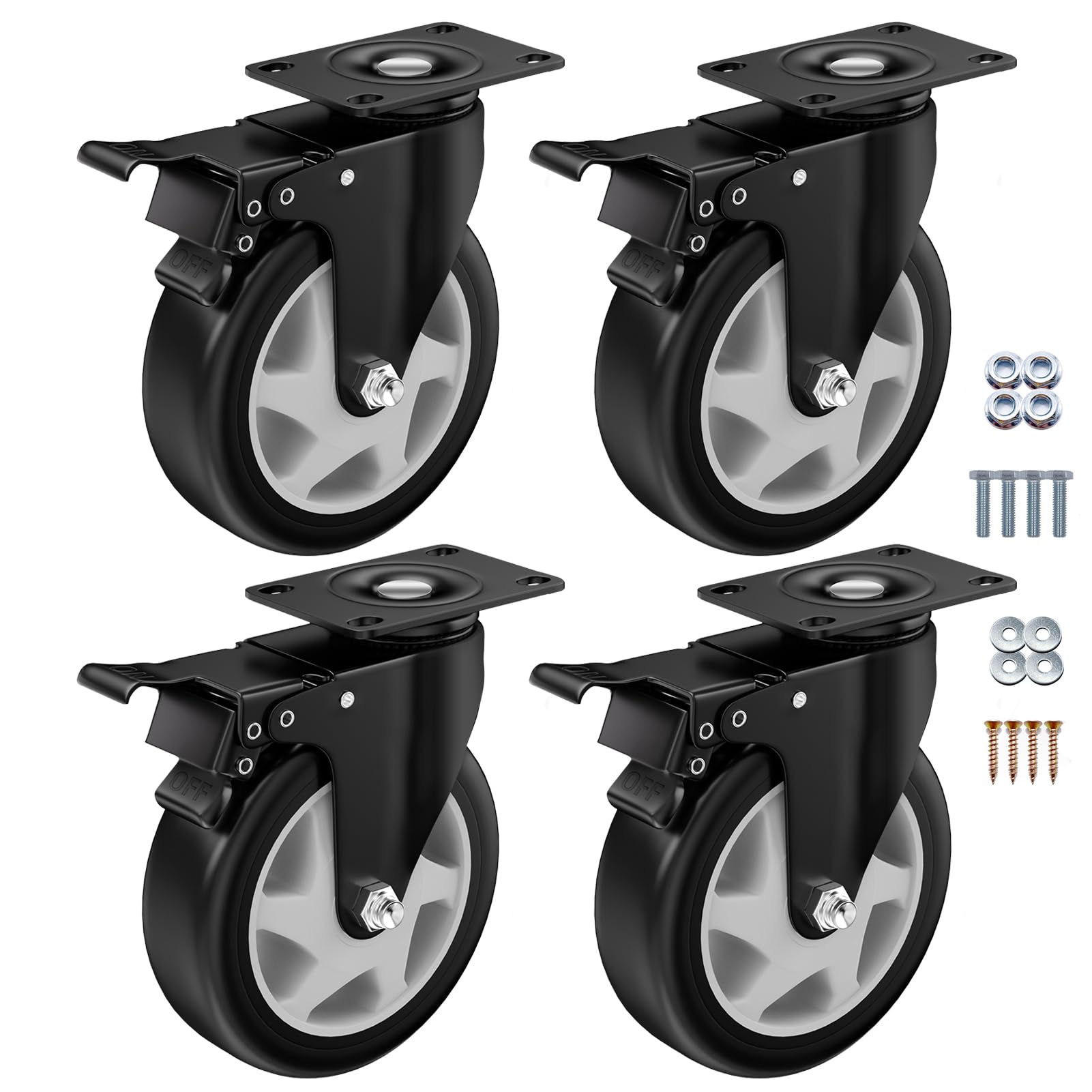 ASHGOOB 5" Heavy Duty Plate Casters, 1400 Lbs Dual Brake - Set of 4