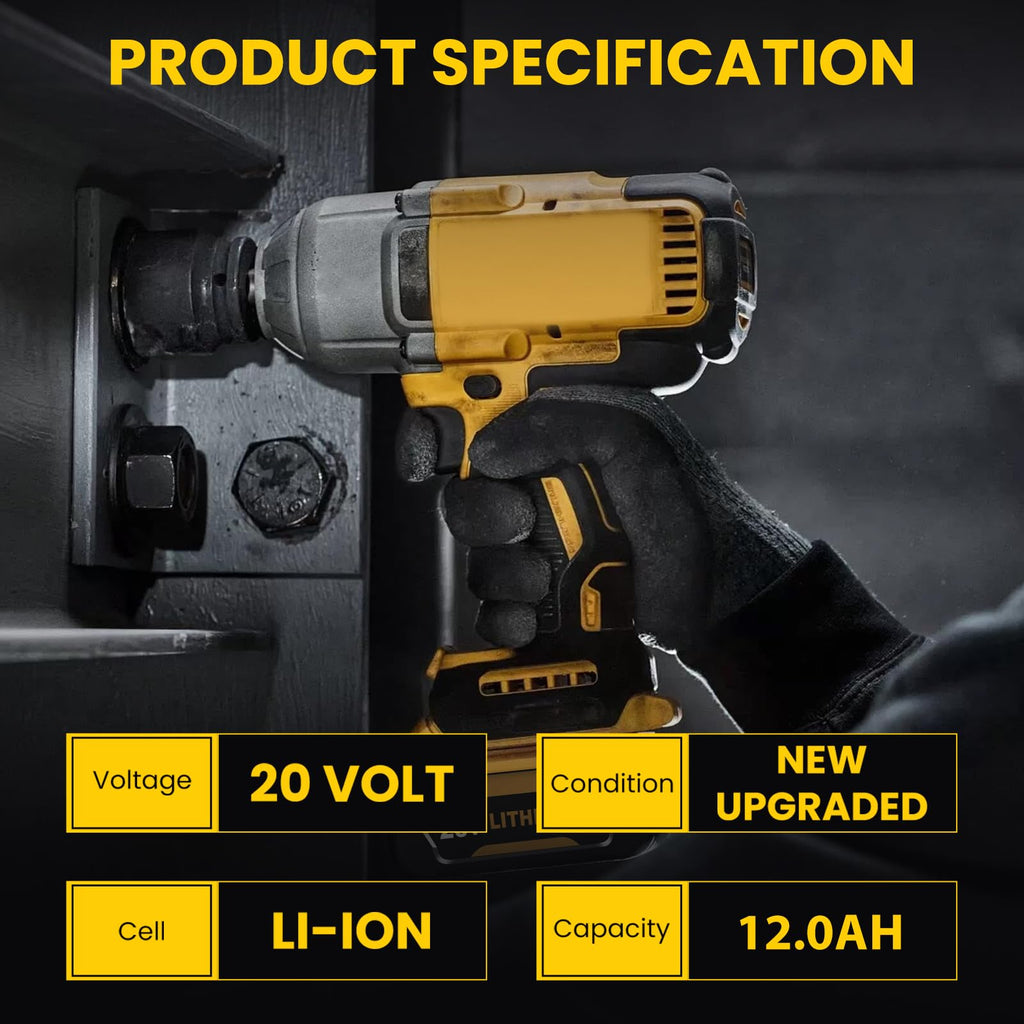 2 Pack 12000mAh Replacement for Dewalt 20V MAX Battery Lithium and DCB102 Charger Combo Compatible with Dewalt 20V Battery Lithium DCB207 DCB206 DCB204 DCB200 DCB201 DCB203 Series Power Tool(Yellow)