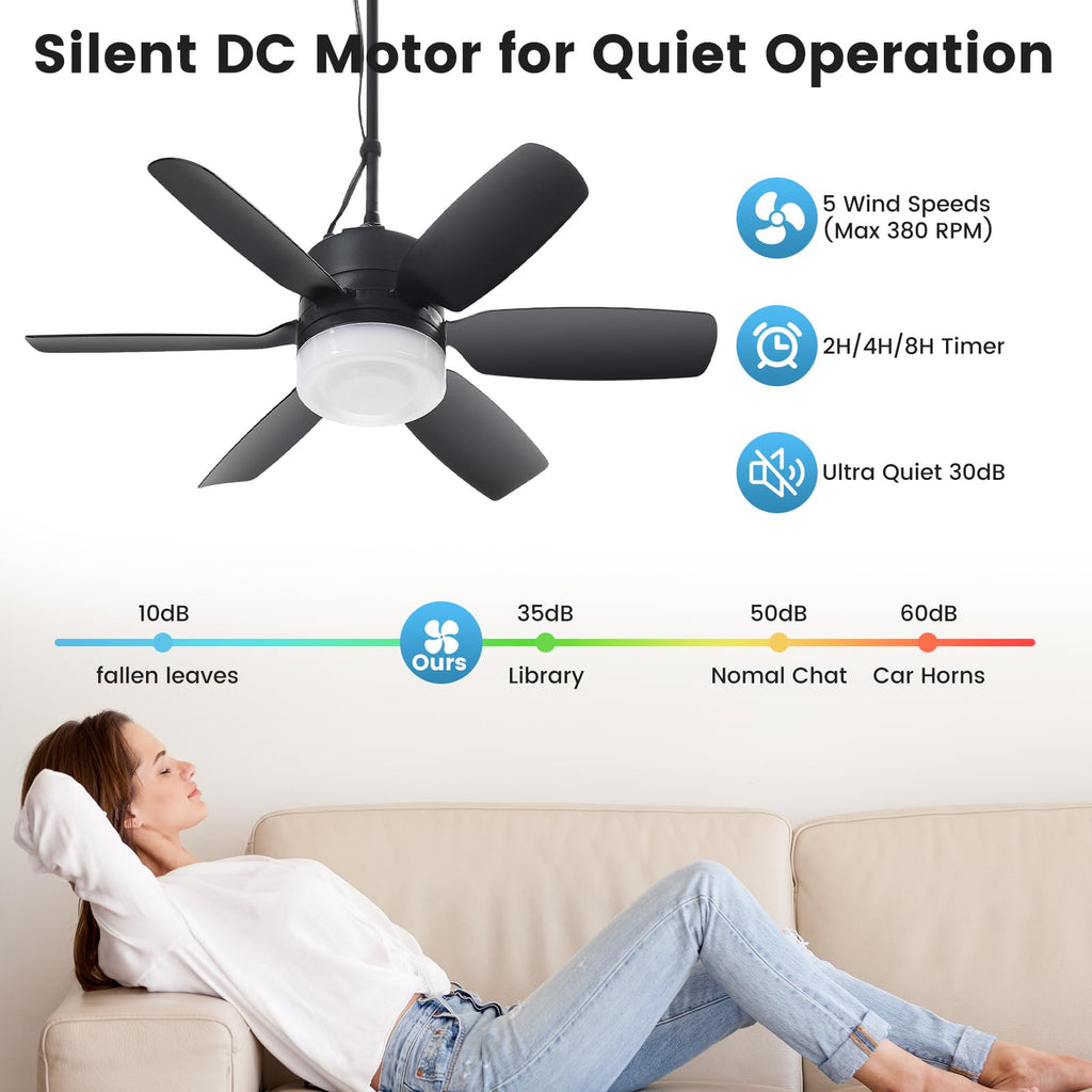 Fanspex 20.5'' Plug in Ceiling Fan with Light for Gazebo Patio Canopy Tent Porch RV, 5 Fan Speeds with Adjust Lighting & Remote Control (Black)