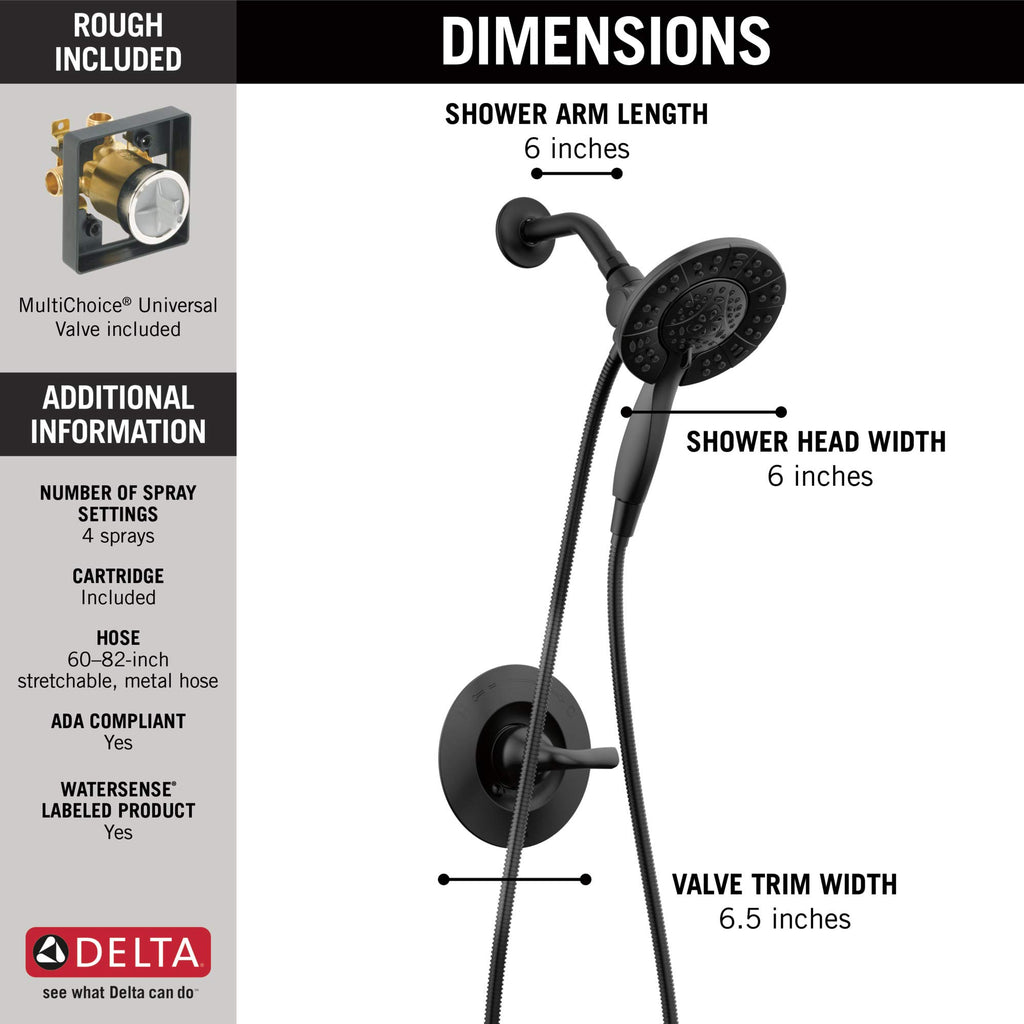 Delta Arvo 14 Series Matte Black Shower Faucet Set with In2ition 2-in-1 Dual Shower Head with HandHeld Spray Combo, Valve Trim Kit, Matte Black 142840-BL-I (Valve Included)