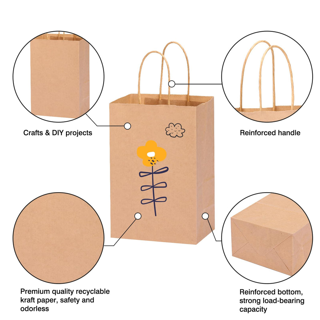 OUTUXED 150pcs Brown Paper Bags with Handles, 5.25x3.2x8in Small Gift Bags