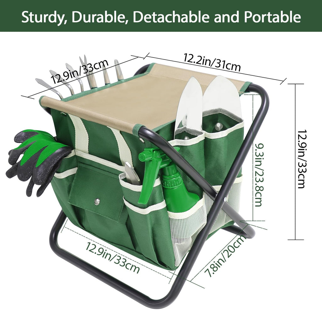 HoHaing Garden Tool Set, 10 Piece Kit with Heavy Duty Folding Stool, Detachable Storage Tote Bag, Stainless Steel Tools, Gifts for Women Men Green