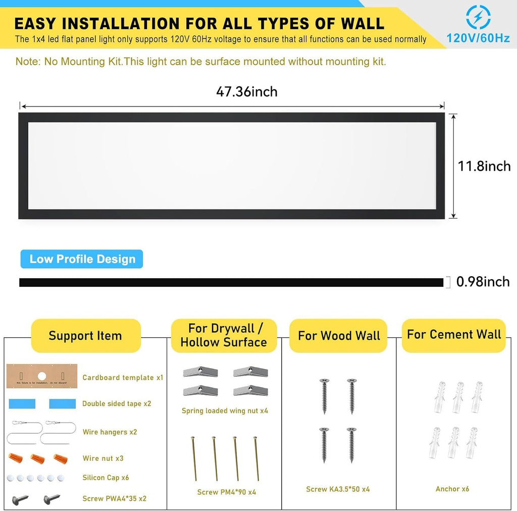 AIKVSXER 2PACK 1x4 LED Flat Panel Light Surface Mount Ceiling Light Black, 5500LM 50W TRIAC 10-100% Dimmable, 3000/4000/5000k Selectable 120V LED Light Fixture for Kitchen/Laundry/Garage