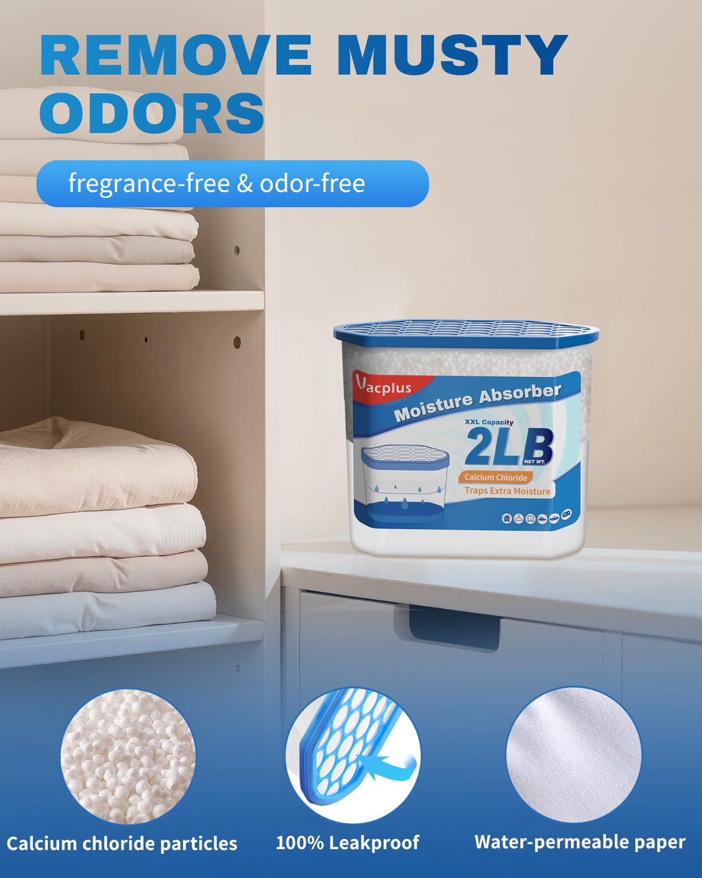Vacplus Moisture Absorber Buckets – Large Capacity Dehumidifier and Humidity Absorber for Closet, Basement, Bathroom, RV, and Storage Areas, Unscented, 2 lbs, 4 Pack