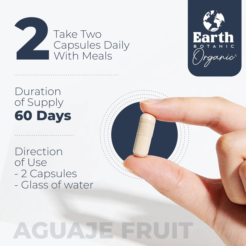 Earth BOTANIC Organic Aguaje Fruit Extract Capsules 120 Pills Buriti 1000MG Per Serving - Mauritia flexuosa - 100% Natural- Non GMO- Wild Harvested in Peru – 60 Days Supply