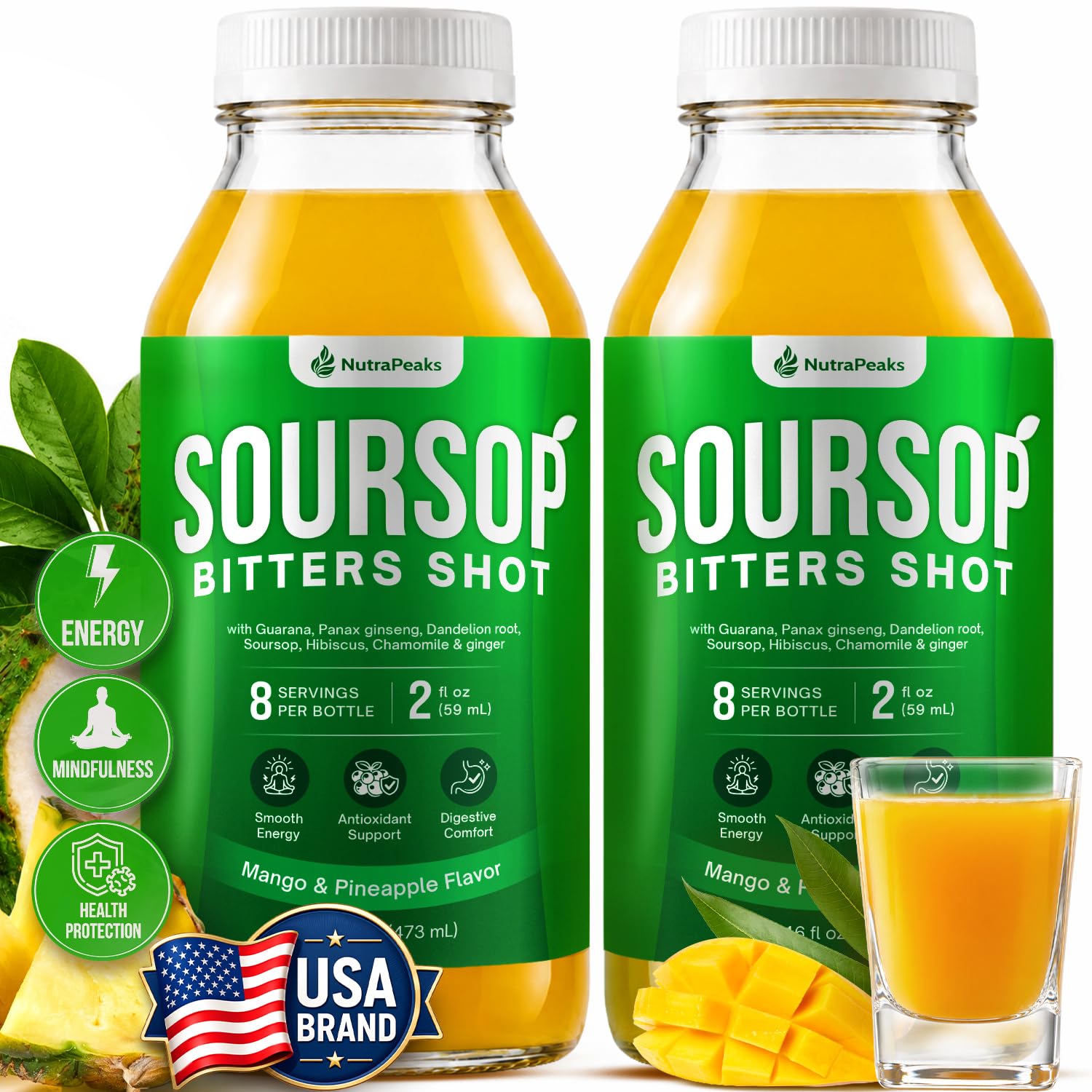 NutraPeaks Soursop Bitters Liquid Immunity + Energy Shots, 16 fl oz, 2 Pack