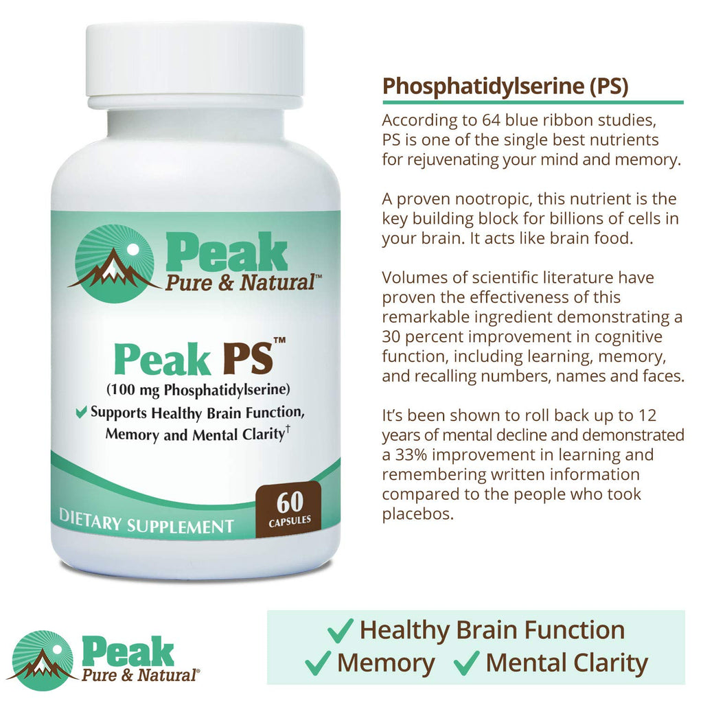 Peak Pure & Natural “Peak PS” Phosphatidylserine Brain Health Supplement - Soy-Free Nootropic for Memory Health - Supplement for Brain Health - 30 Count 100mg Softgels