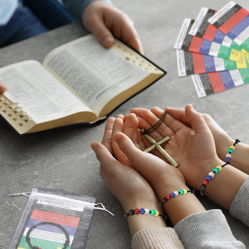 Ferreve 150 Pcs Plan of Salvation Bracelet Kit Includes Gospel Bead Bracelets Prayer Pocket Cards Gospel Tracts Organza Bags for Christian Religious Church Souvenir Faith Gifts
