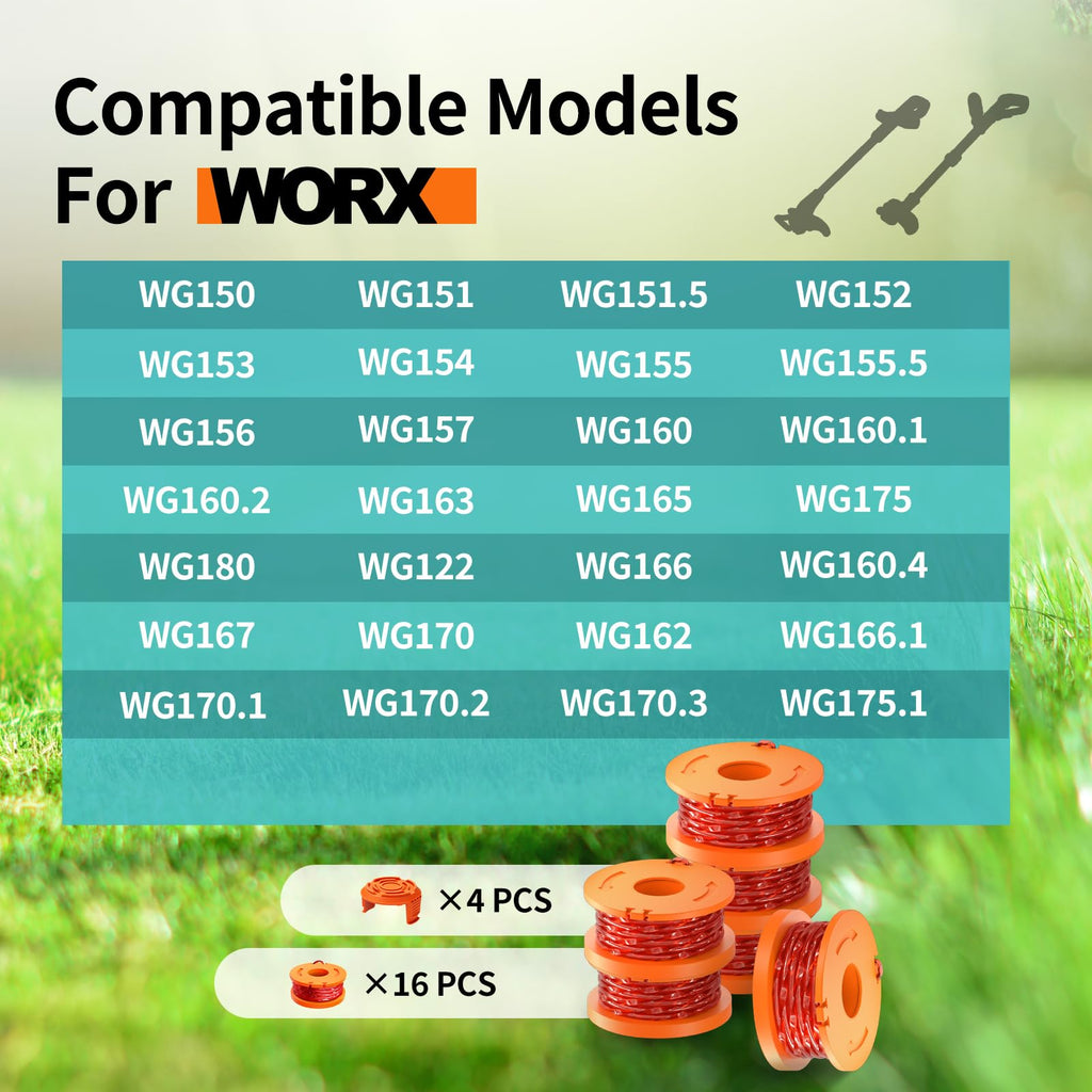 20 Pack Trimmer Spool Line for Worx,(WA0010)Replacement Trimmer Spool Line for Worx,Trimmer Line Refills 0.065 inch for Worx,Suitable for Worx String Trimmers(16 Pack Grass Trimmer Line,4 Trimmer Cap)