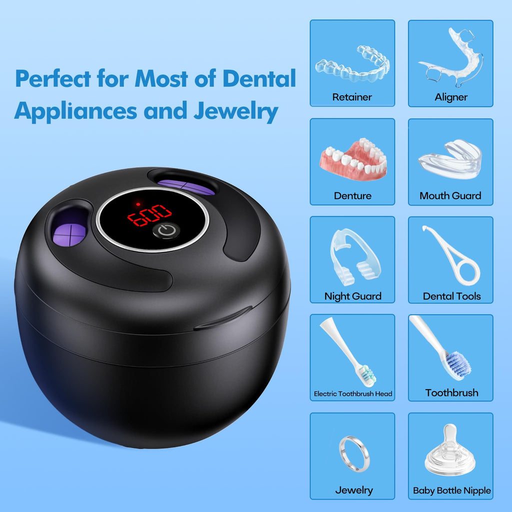 Upgraded Ultrasonic Retainer Cleaner Machine, 45kHz Ultrasonic Dentures Cleaner for Night Guards, Braces, Aligner, Toothbrush, Jewelry and More, 200ML Capacity, Black1