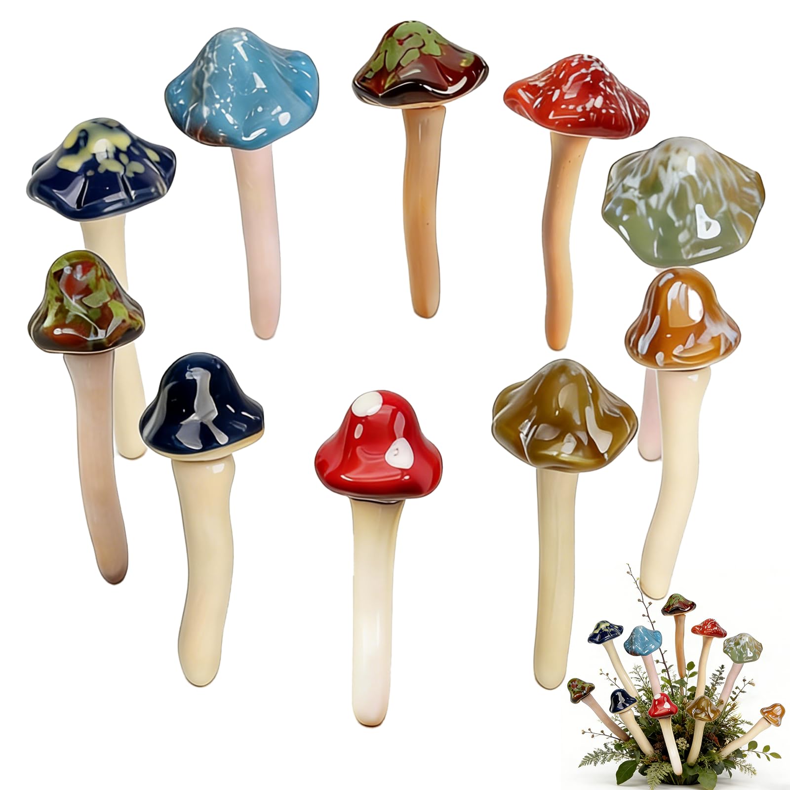 csjzzt 10 Pack Ceramic Mushroom Garden Decor, Outdoor Fairy Garden Ornament