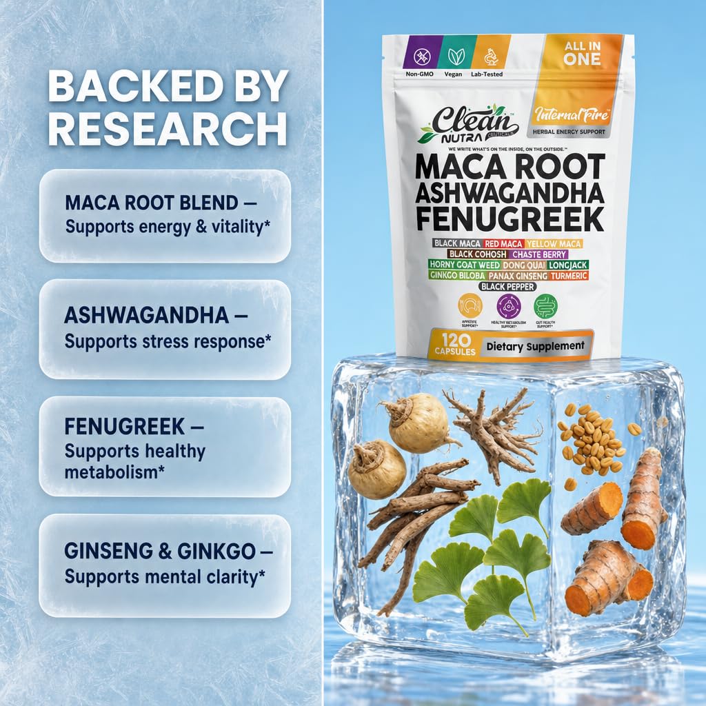 Clean Nutraceuticals Ashwagandha Maca Root Fenugreek Supplement with Tongkat Ali Ginseng - Assists with Stress, Mood & Thyroid - Ashwagandha Capsules Fenugreek Caps (120 Count (Pack of 1))
