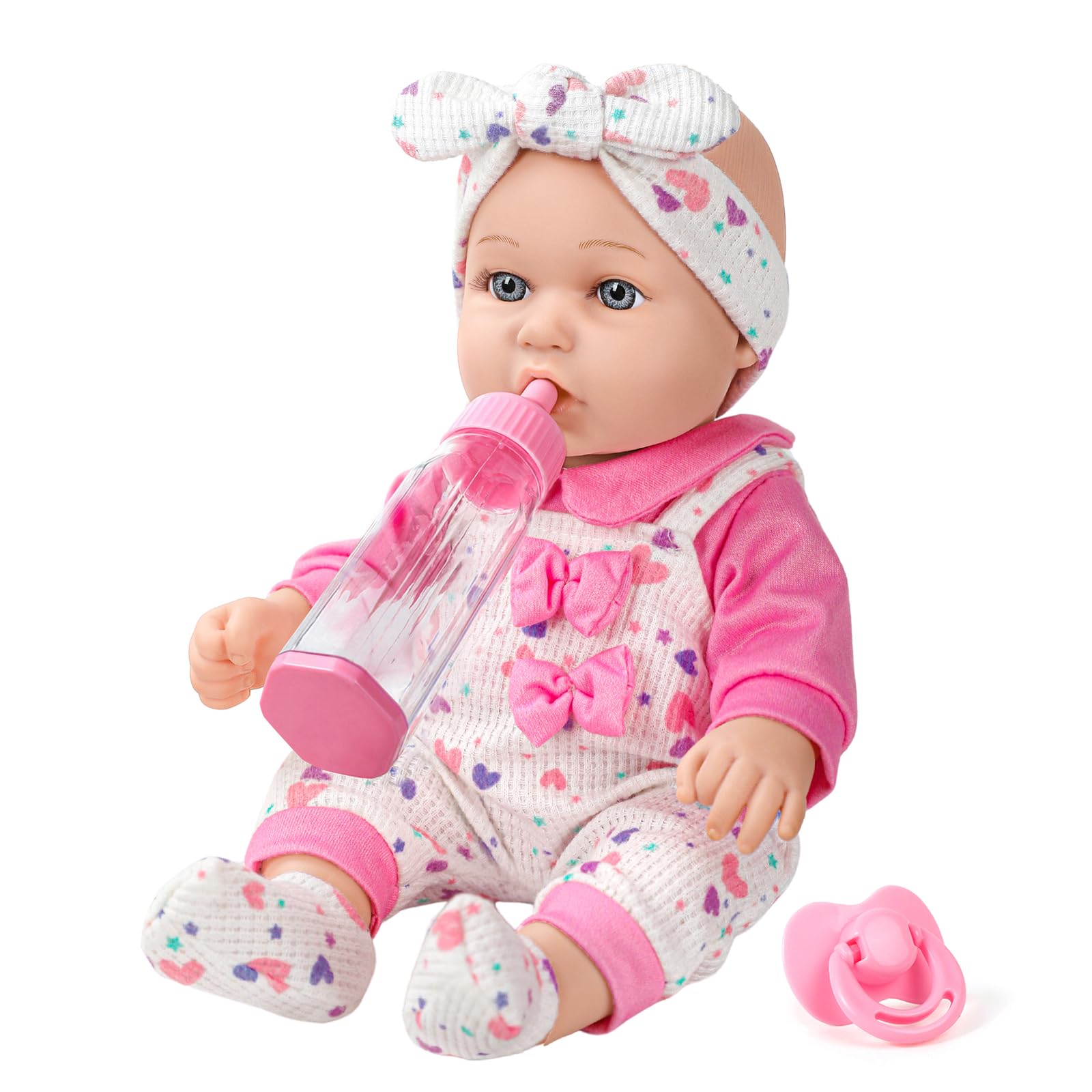 XFEYUE 12" Baby Doll with Pink Bowknot Clothing Set,12 Inch Realistic Baby Dolls with Clothes and Accessories,Pacifier Bottle Toy Pretend Play Collection for 3+ Child Girls Gifts