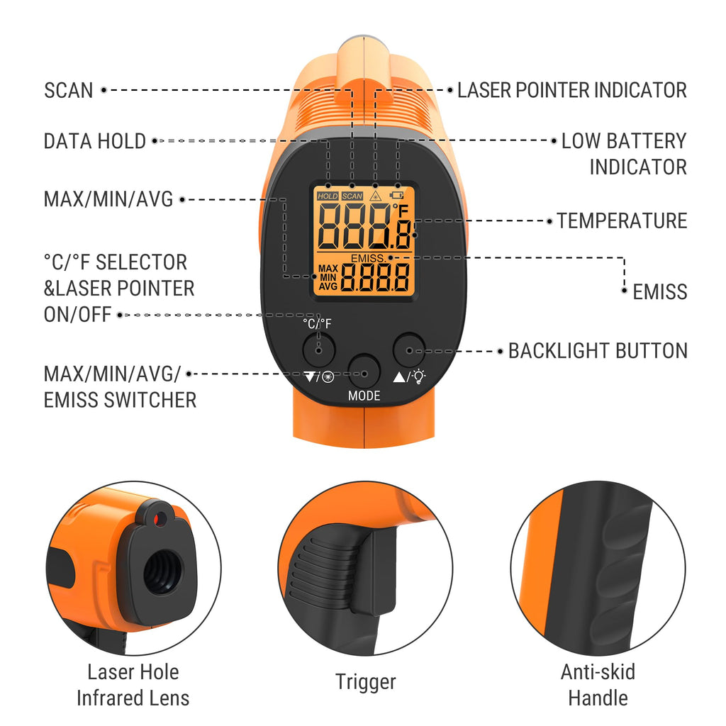 TempPro TP30 Infrared Thermometer Gun, Laser Thermometer for Cooking, Pizza Oven, Griddle, Engine, HVAC, Temperature Gun with Adjustable Emissivity & Max Measure -58°F ~1022°F (Previously ThermoPro)