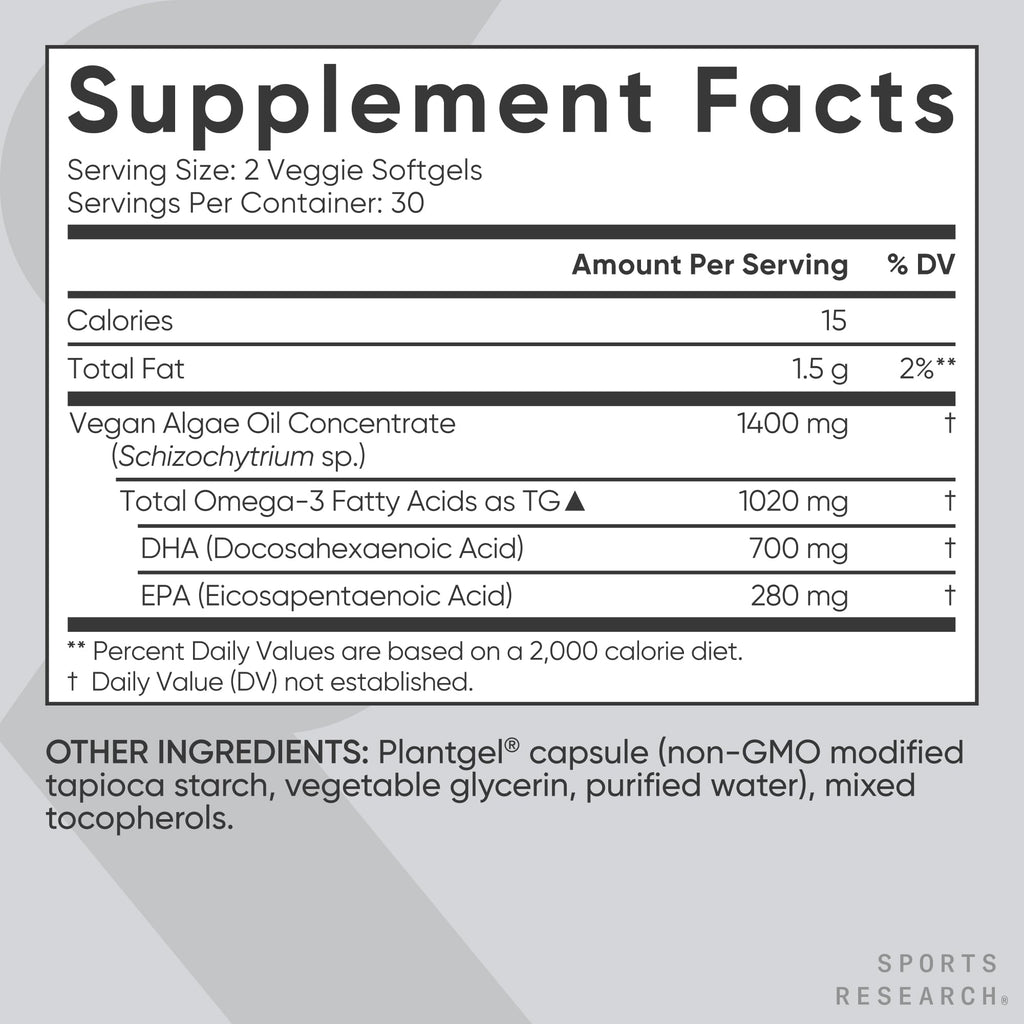 Sports Research Vegan Omega-3 Fish Oil Alternative from Algae Oil - Highest Levels of Vegan DHA & EPA Fatty Acids | Non-GMO Tested & Vegan Certified - 60 Veggie Softgels (Carrageenan Free)