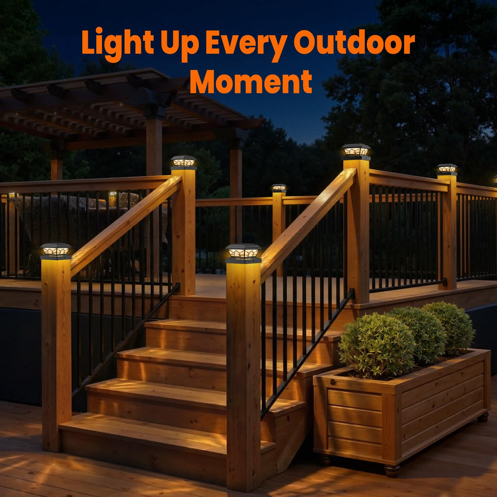 Brightever 4x4 3.5x3.5 Solar Post Cap Lights, 8-Pack Solar Powered Fence Post Light Outdoor Waterproof for Vinyl/Wooden Post, 2 Modes(Warm/Cool Light), Black Solar Deck Post Lights for Patio, Porch