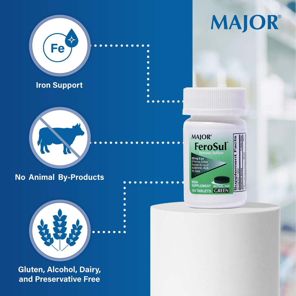 Major Ferosul - Ferrous Sulfate 325mg Tablets with 65mg of Elemental Iron - Iron Supplement for Women, Men - Green - 100 Tablets (6 Pack)