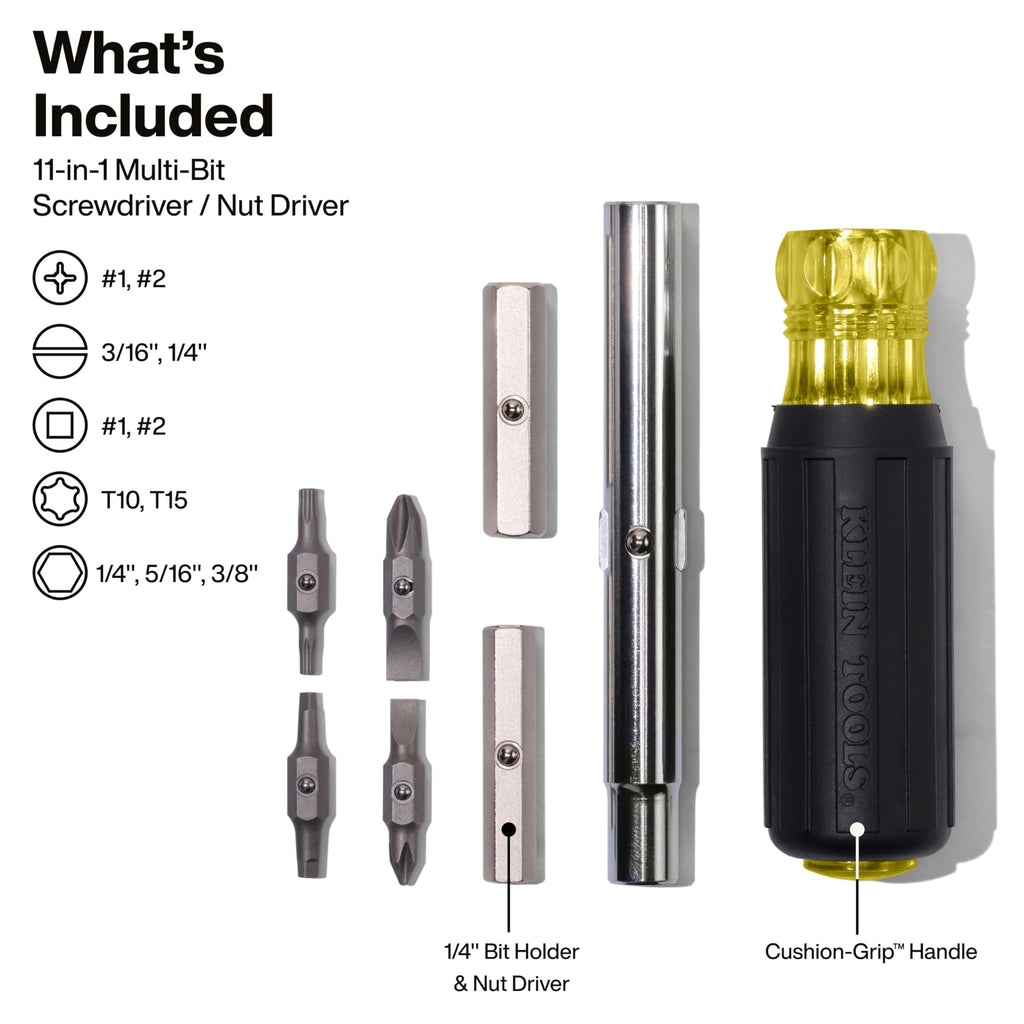 Klein Tools 32500 11-in-1 Screwdriver/Nut Driver Set, 8 Bits (Phillips, Slotted, Torx, Square), 3 Nut Driver Sizes, Cushion Grip Handle