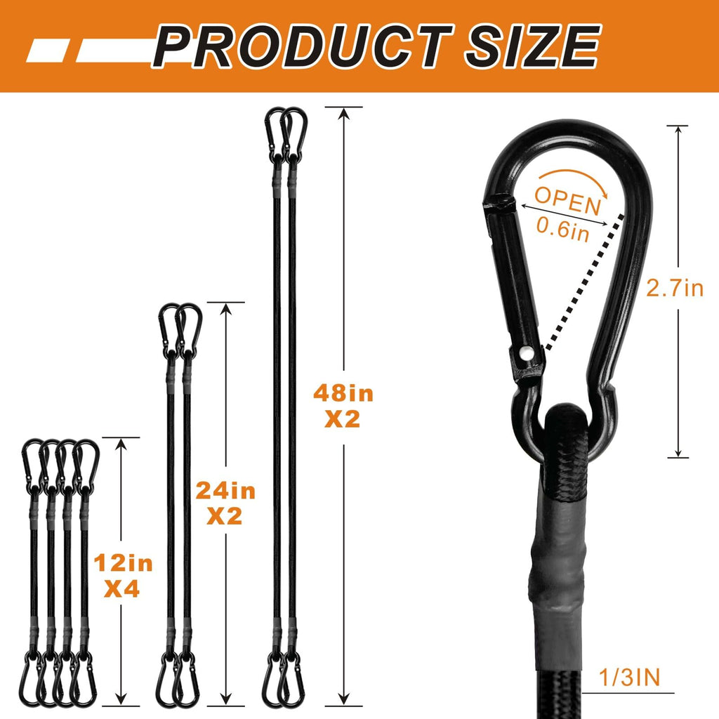 BEXSLE Bungee Cords with Carabiner Hooks Heavy Duty, Outdoor Black Bungee Straps, Strong Industrial Grade Elastic Bungee Rope for Securing Tarps, Luggage, Tents，Bikes, 12in + 24in + 48in，8pcs