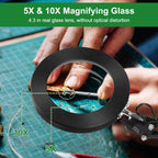 Magnifying Glass with Light and Stand, Flexible Magnetic Helping Hand, 5X&10X 12V 108pcs LED Beads Magnifying Lamp, 3 Modes Adjustable Swivel Gooseneck Arms & Heavy Duty Base Plate