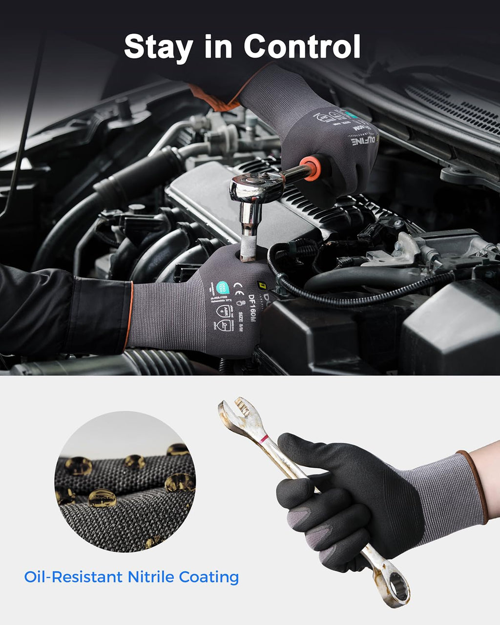 DULFINE Safety Work Gloves MicroFoam Nitrile Coated-12 Pairs Pack,Seamless Knit Nylon Glove with Black Micro-Foam Nitrile Grip,Ideal for General Purpose,Automotive,Home Improvement,Painting(Medium)
