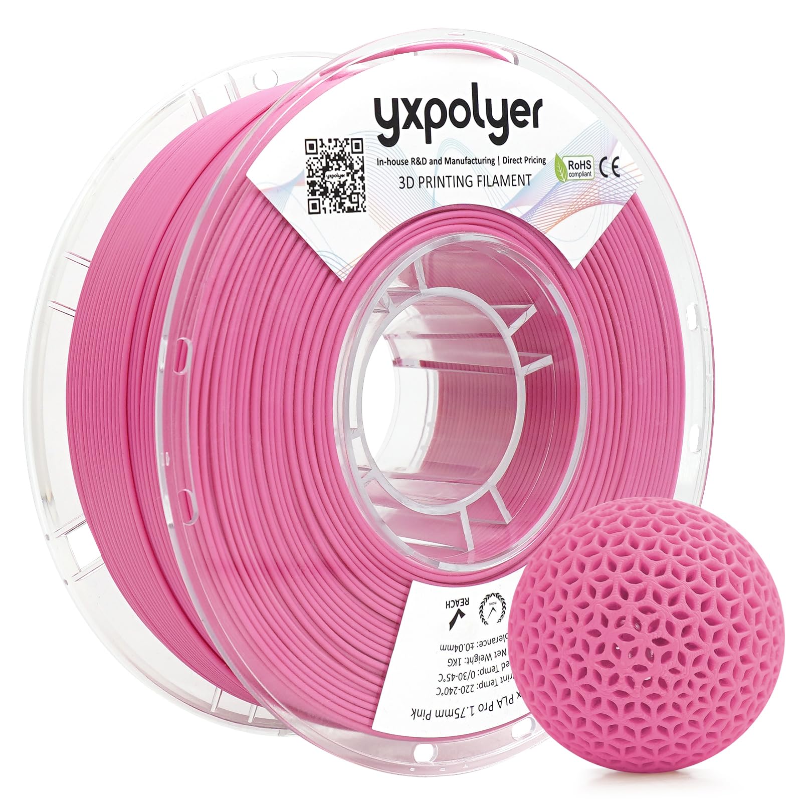 YXPOLYER Flexible PLA Food-Grade 92A Soft PLA 3D Printer Filament 1.75mm 1KG for Printing Dog Chew Toys and Highly Elastic Bouncy Airless Basketball Pet Ball, Pink