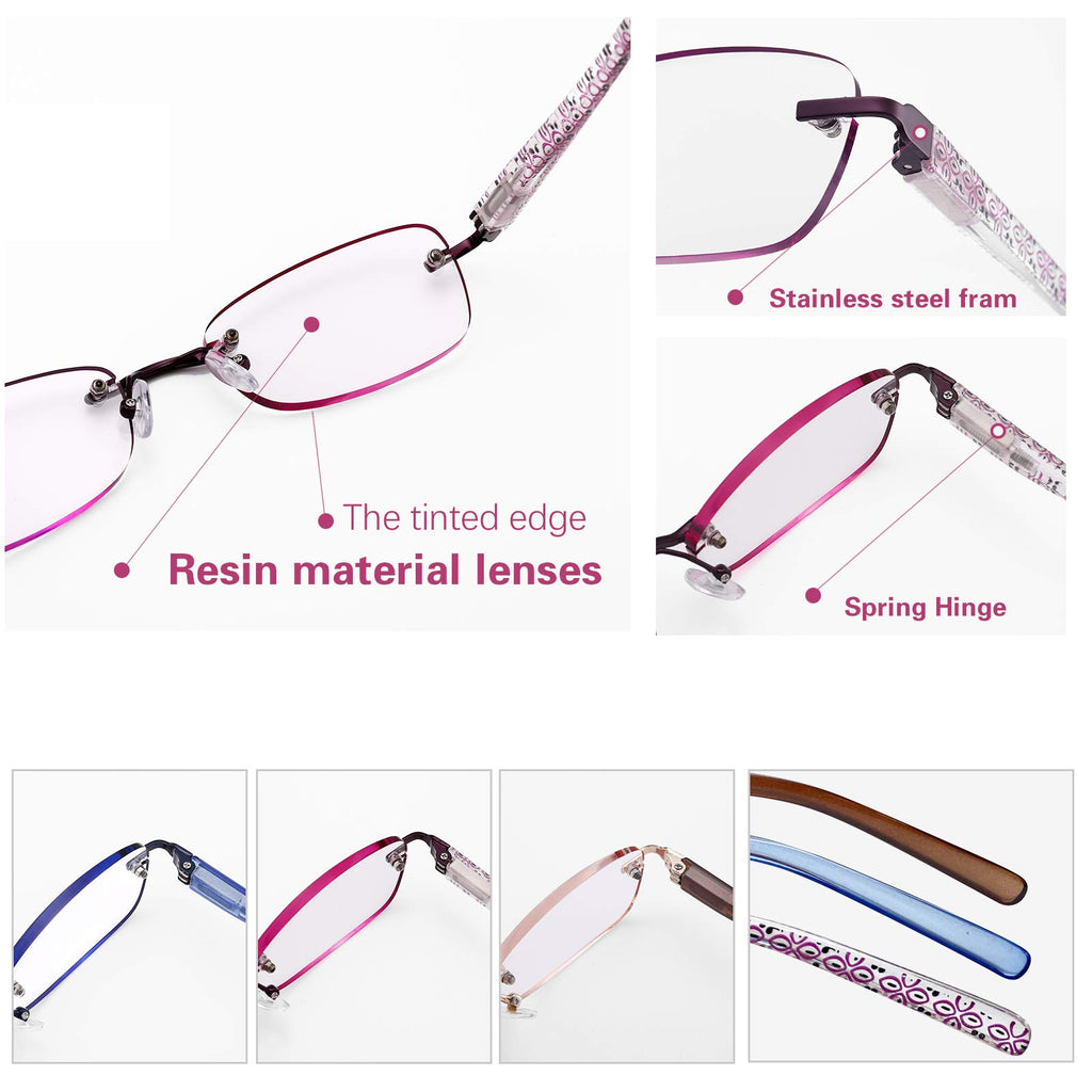 FEIVSN 3-Pack Rimless Reading Glasses For Women, Lightweight Spring Hinge Readers, Classic Elegant Artistic Eyeglasses UV 400 (Mix 3.0 Etc)