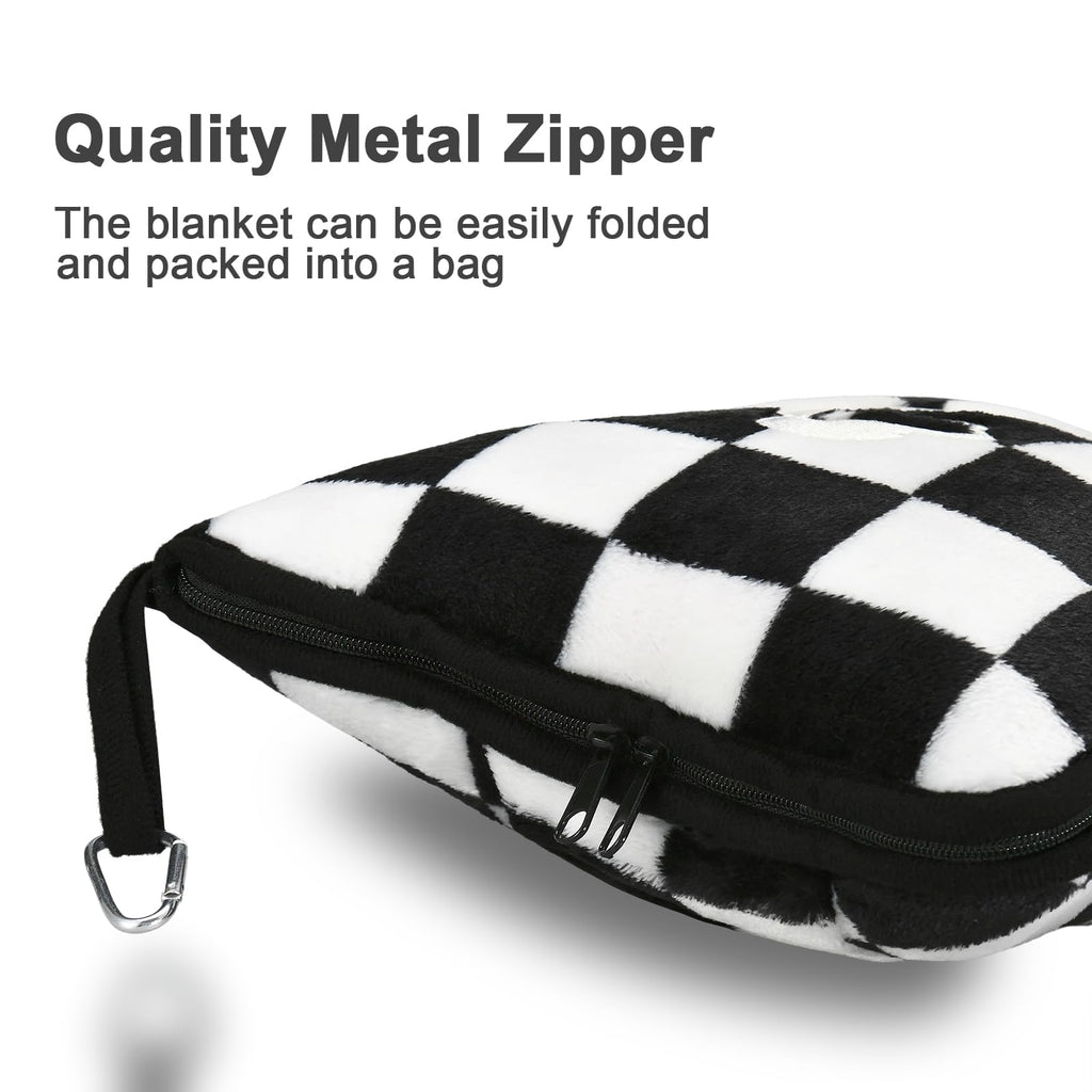 Travel Blanket and Pillow Compact, Premium Soft 2 in 1 Airplane Blanket with Soft Bag Pillowcase，Hand Luggage Sleeve and Backpack Clip (Checkered Black)
