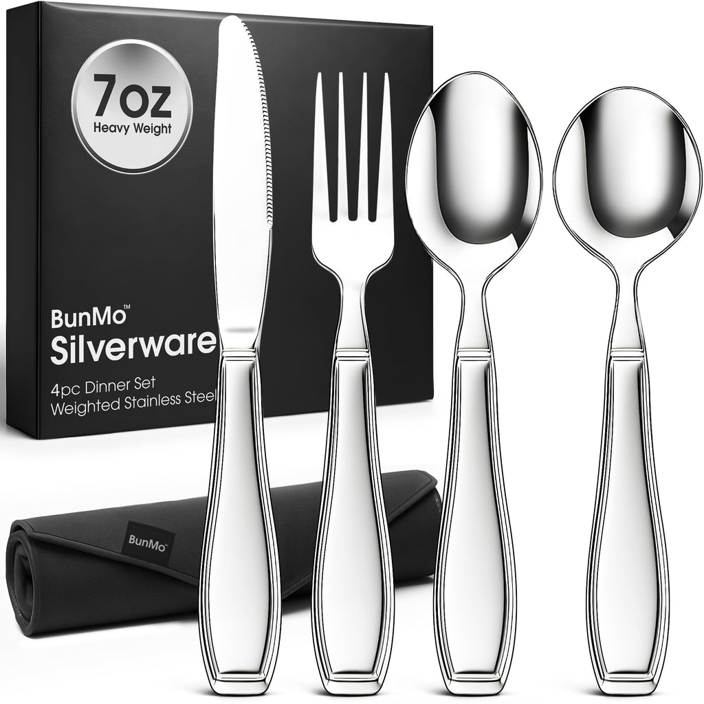 BUNMO Weighted Utensils for Hand Tremors – 4pc Adaptive Utensils for Elderly, Persons w/weak hands – Discreet Travel Wrap, Stainless Steel & Dishwasher Safe – Weighted Silverware Set
