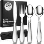 BUNMO Weighted Utensils for Hand Tremors – 4pc Adaptive Utensils for Elderly, Persons w/weak hands – Discreet Travel Wrap, Stainless Steel & Dishwasher Safe – Weighted Silverware Set