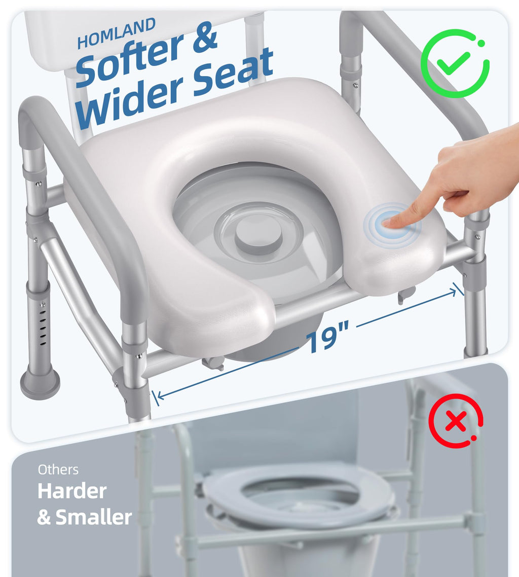 HOMLAND Bedside Commode with Padded Seat and Backrest, Aluminum Commode Toilet with Bucket, Easy Cleaning Portable Toilet for Adults and Seniors, 350 lb Capacity Enhanced Crossbar
