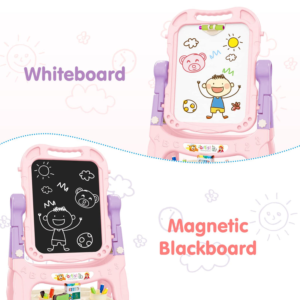 Amagoing Easel for Kids, Adjustable Standing Art Easel for Toddler, Double Side White Chalk Board with Painting Accessories, Birthday Christmas Gift for Little Girls and Boy Age 3 4 5, Pink