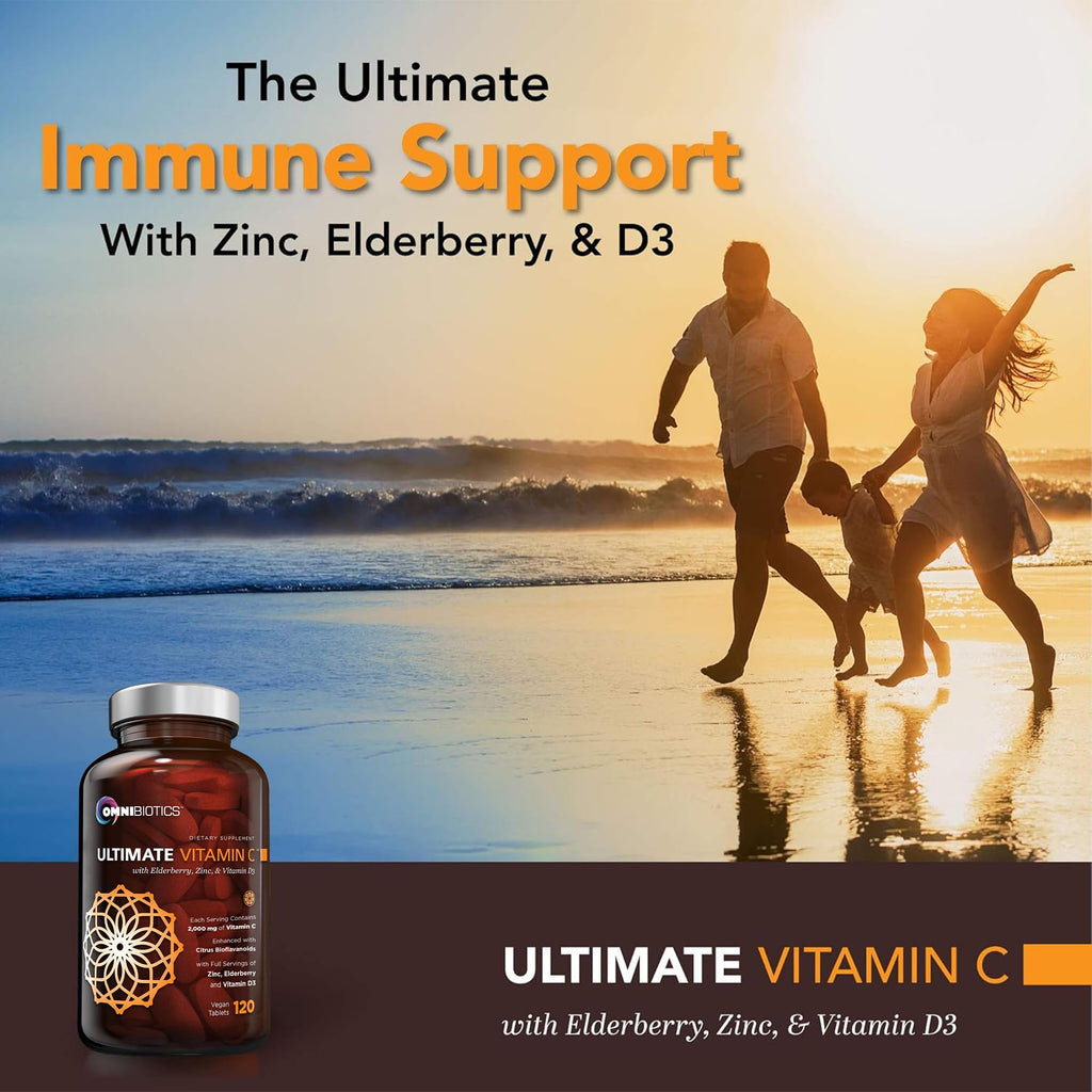 OmniBiotics Ultimate Vitamin C Supplement 2000mg – with Zinc, Elderberry Extract, and D3 – High Potency Immune Support & Collagen Booster – 120 Vegan Tablets