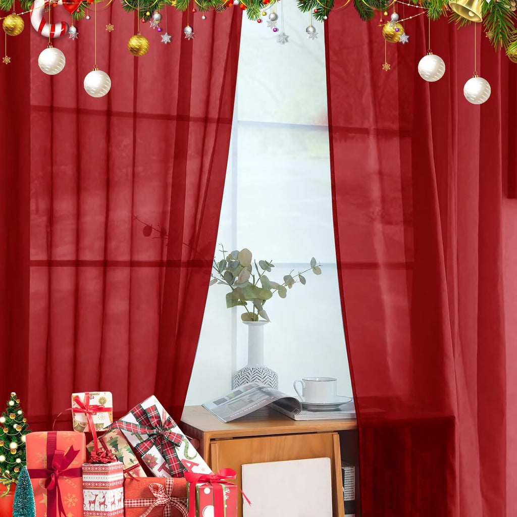 youleyar Solid Sheer Rod Pocket Curtain Voile Draperies 4 Panels White Beige Black Grey Ivory 52 Inch Width 96 Inch Long 1 Pair for Kitchen Bedroom Children Living Room Yard(Christmas Red,52 W���96 L)