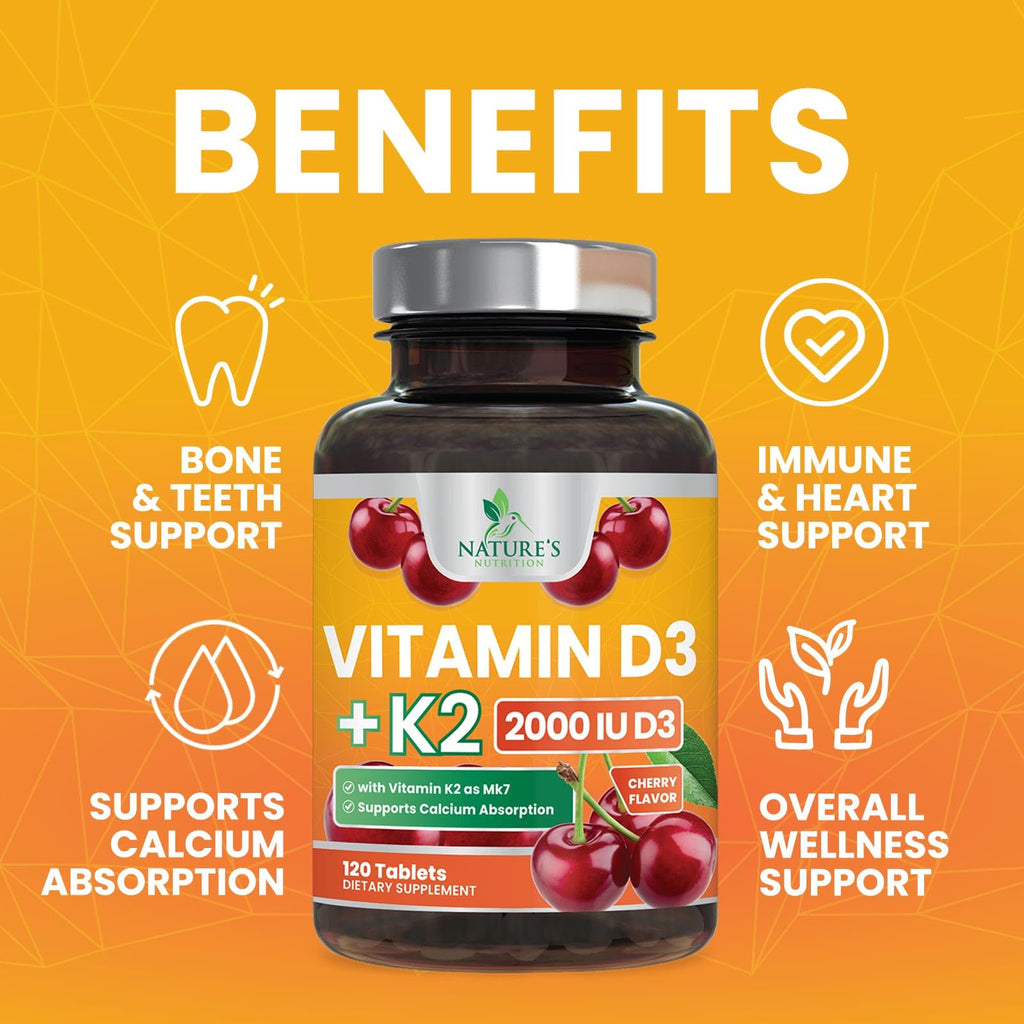 Vitamin D3 2000 IU 50mcg Per Serving - Vitamins D & K2 (MK7) Complex Supplement for Bone, Teeth, Muscle, Calcium Absorption, Supports Immune & Heart Health, Chewable Formula USA Bottled - 120 Tablets