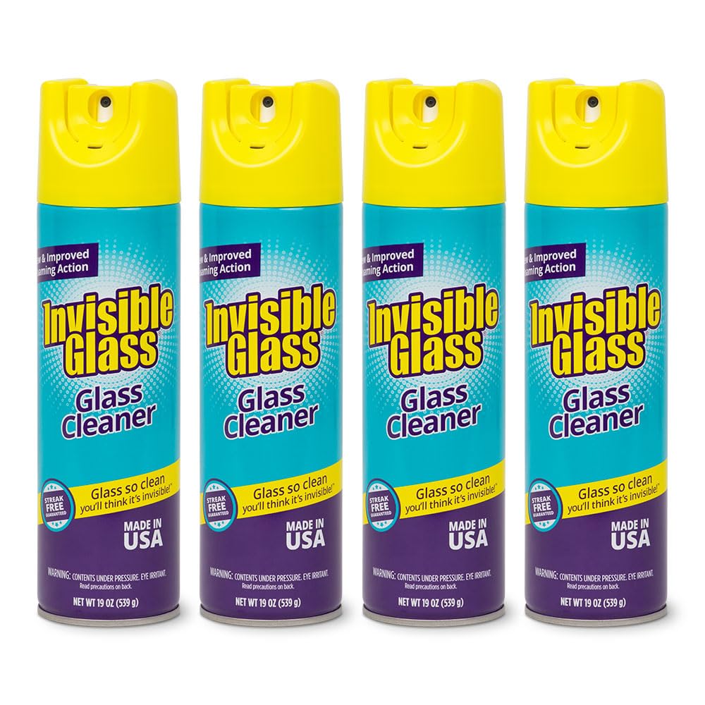 Invisible Glass 91160-4PK Premium Aerosol Glass and Window Foaming Cleaner Spray – Cleans Glass, Windows, Mirrors, Shower Doors, and More – Streak-Free, Ammonia-Free, Tint-Safe – 19 oz (Pack of 4)