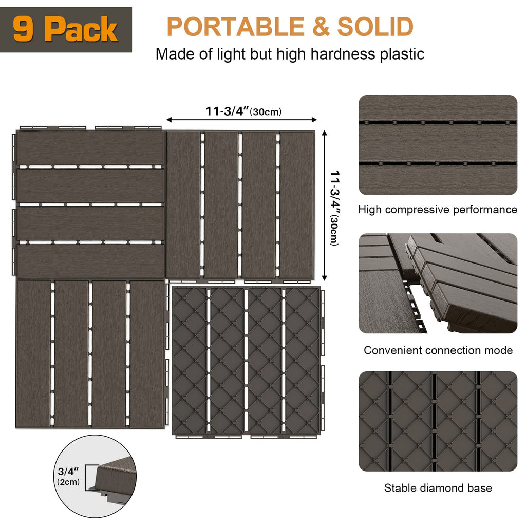 Goovilla Plastic Interlocking Deck Tiles, 9 Pack Balcony Flooring, 12"x12" Waterproof Outdoor Flooring All Weather Use, Patio Floor Decking Tiles for Porch Poolside Backyard Concrete, Dark Coffee