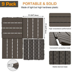 Goovilla Plastic Interlocking Deck Tiles, 9 Pack Balcony Flooring, 12"x12" Waterproof Outdoor Flooring All Weather Use, Patio Floor Decking Tiles for Porch Poolside Backyard Concrete, Dark Coffee