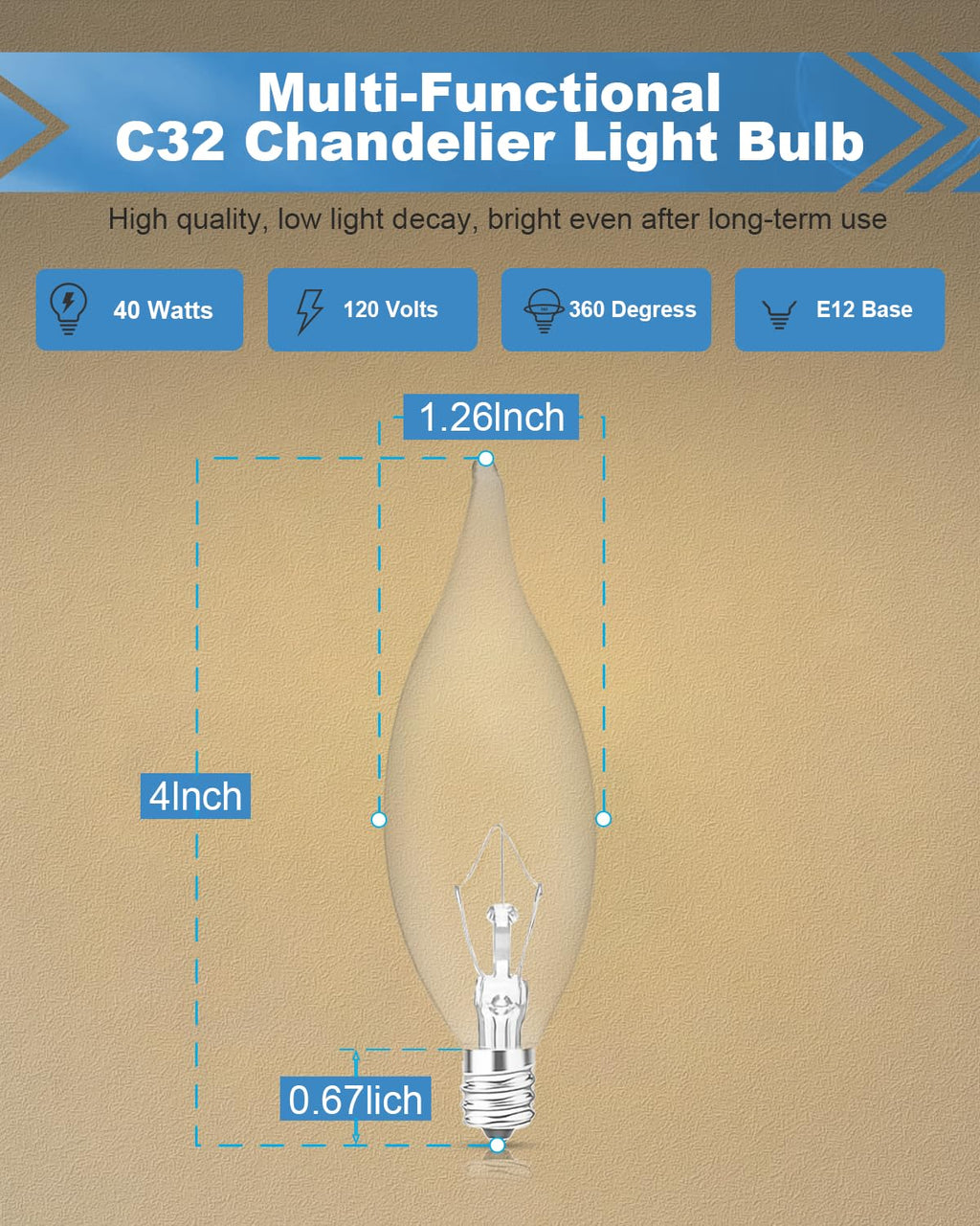 E12 B10 Clear Candle Base Bulb with Warm White 2700K, 40W Candelabra Light Bulbs, 400 Lumen Dimmable, 120V Incandescent Chandelier Light Bulbs for Pendants, Ceiling Fan, Wall Sconces (12-Pack)