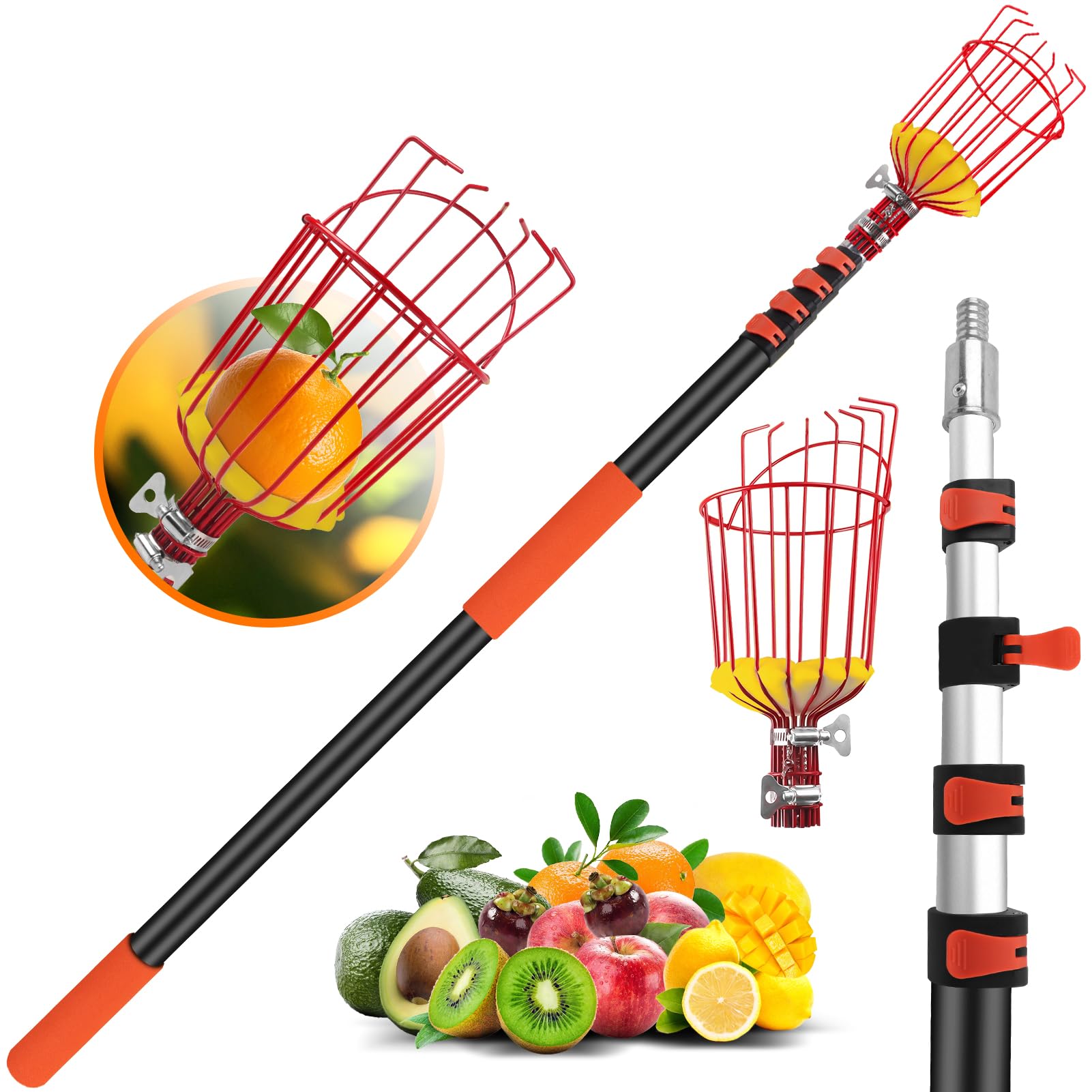 ACTREY 26FT Reach Fruit Picker Pole with Basket Telescoping,Apple Picker