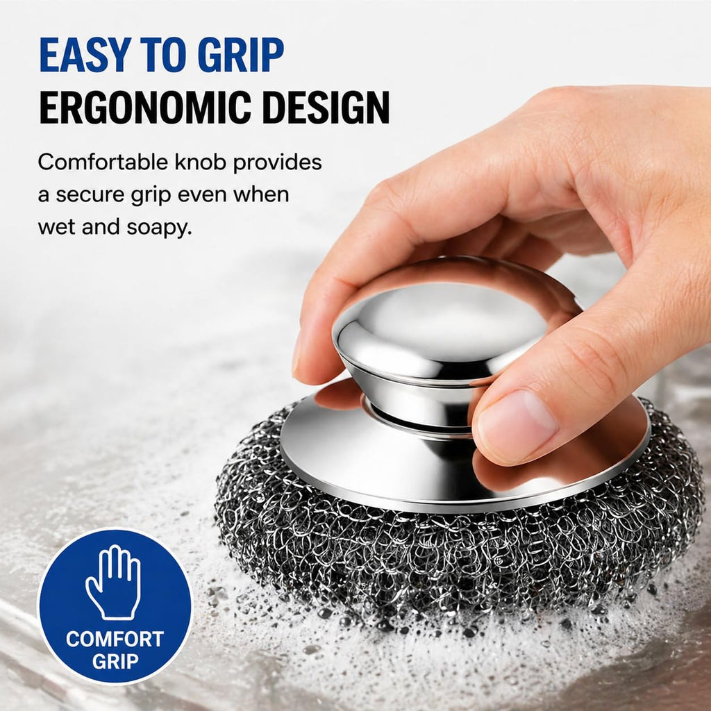 Steel Wool Scrubber, 10-Pack Stainless Steel Scrubber Pads with Handle - The Ultimate Scouring Solution for Rust, Stubborn Messes on Cookware, Grill, Oven & Kitchen Sinks