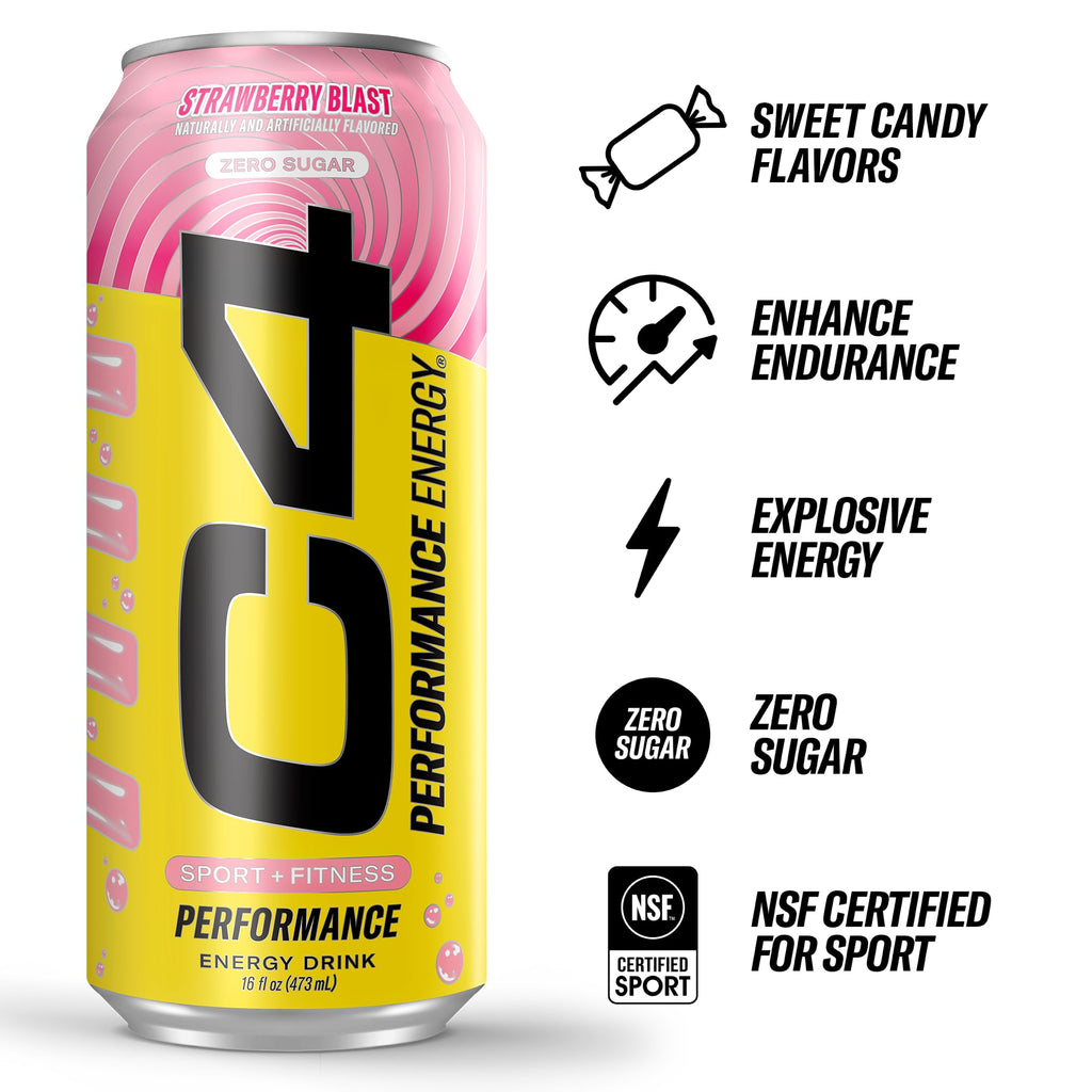 C4 Performance Energy Drink with Zero Sugar, Strawberry Blast, 12pk