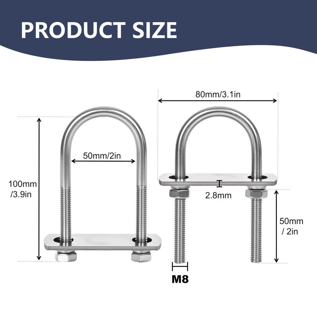 SRZTXU 8 Sets M8 U-Bolts,u-Bolts 2" (50mm) Wide,304 Stainless Steel u-Bolts,with Nuts,Bolt Plate and washers (8, M8 x 50mm x 100mm)